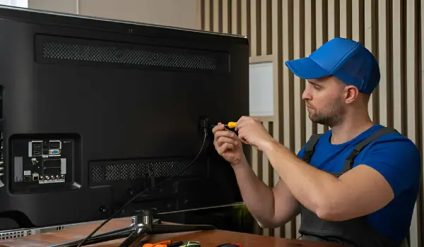 Technician performing TV repair at home